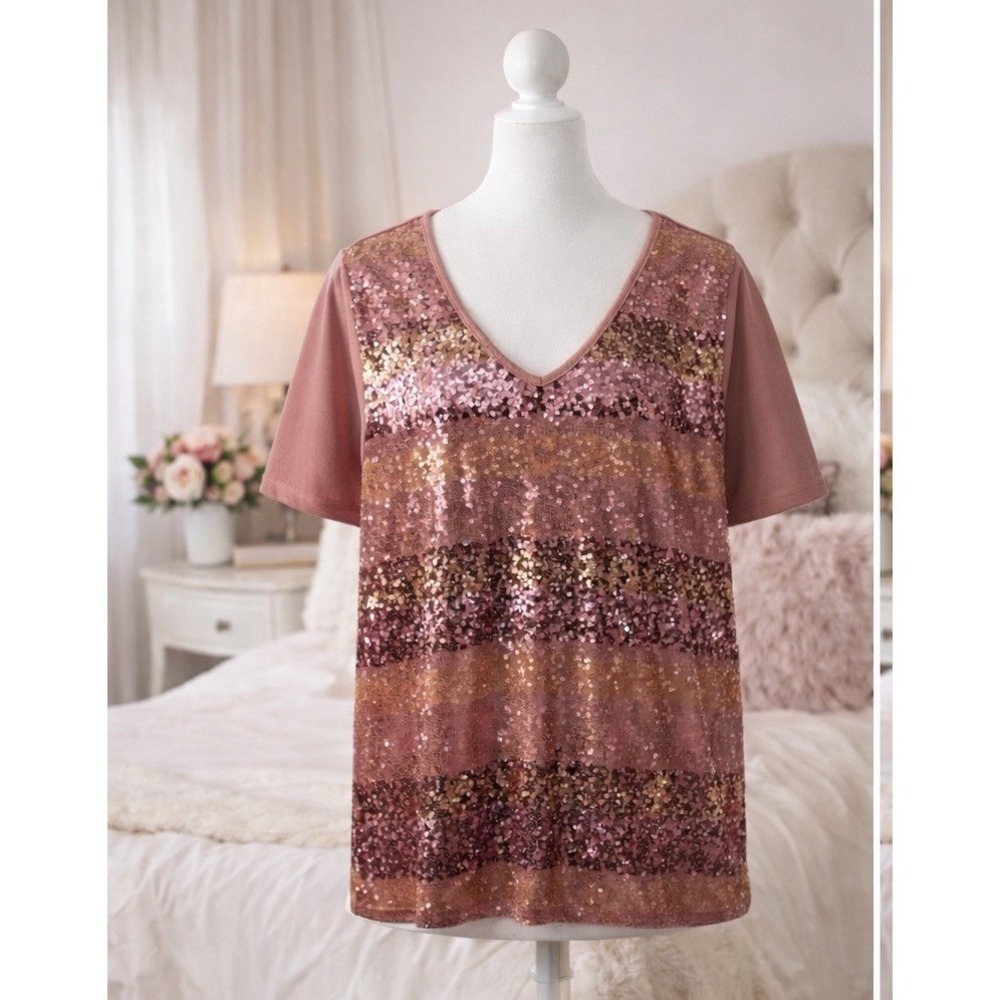 New‎ Quacker Factory Sequins Pink Pullover Top Tee T Shirt Size 1X Bedazzled